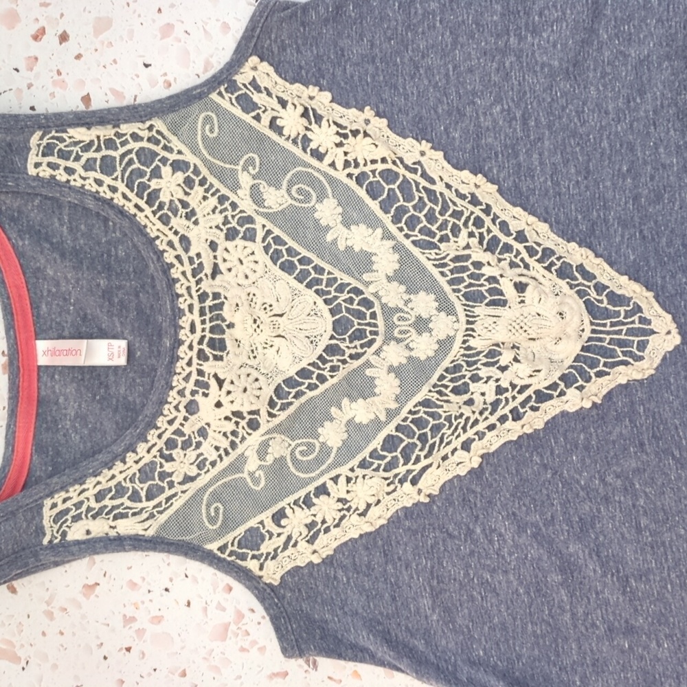 Swingy Denim Blue Tank Top with Cream Lace Bodice | XS Girl